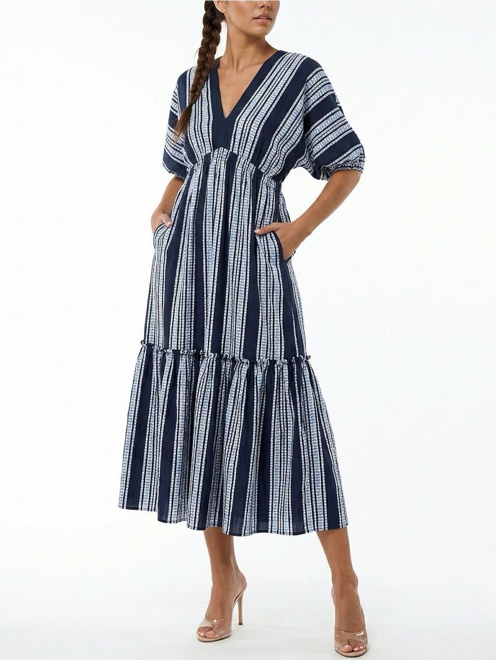 Taylor Size 16 Navy White Stripe Midi Dress Tiered Puff Sleeve V Neck - Picture 4 of 11